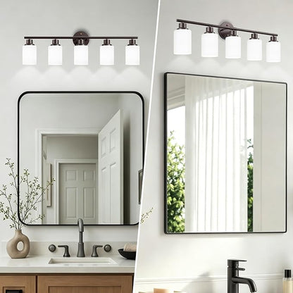 5-Light Bathroom Light Fixtures, Vanity Lights for Mirror with Textured Milky White Glass Shade, Modern Kitchen Light Fixtures Wall Sconce Light - E26 Base - Oil-Rubbed Bronze