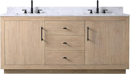 HOMEBEYOND 72 Inch Bathroom Vanity with Double Sink & Ceramic Top, MDF Material Vanity Cabinet with Basin Combo, Soft-Closing Doors, Removable Shelf, Backsplash