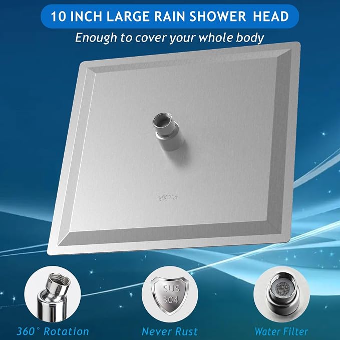 Voolan All Metal Shower Head with Extension Arm, Stainless Steel Waterfall Rainfall Showerheads, High Flow Bathroom Square Rain Shower Head (10’’ Shower Head with 16’’ Shower Arm, Brushed Nickel)