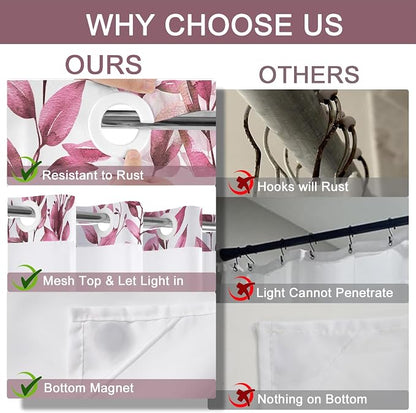No Hook Shower Curtain and Liner Set, Dark Red Eucalyptus 71x77 | Floral Design, with Snap in Liner, See-Through Top Window, Waterproof, Machine Washable, Quick-Drying, for Hotel Bathroom