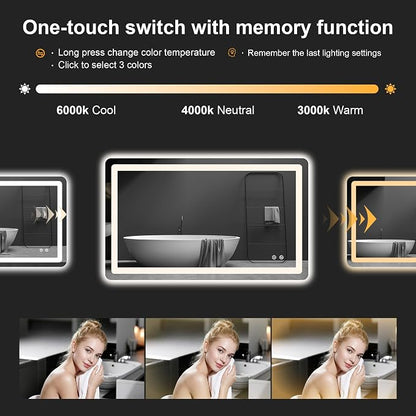 LED Bathroom Mirror with Lights, 24 x 40 Lighted Vanity Wall Mirror | Backlit and Frontlit, Anti-Fog, Dimmable 3 Colors, Shatter-Proof Tempered Glass, Memory Function, Plug-in/Hardwired