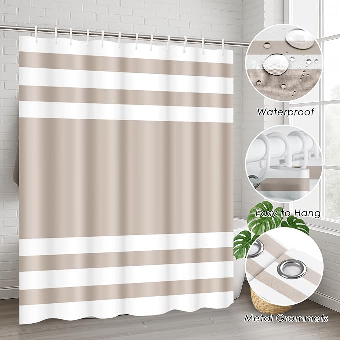 Bathroom Sets with Shower Curtain and Rugs, 4 Pcs, Striped | Minimalist Modern Neutral Beige Bathroom Decor Set with Toilet Lid Cover, Non-Slip Bath Mats and Accessories 12 Hooks