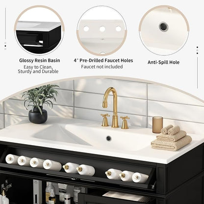 36'' Bathroom Vanity with Top Single Resin Sink Countertop, Solid Wood Frame Modern Storage Cabinet, Tip-Out Drawer, Soft Closing Doors, Black