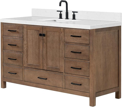 ARIEL Cambridge 60-inch Bathroom Vanity with Sink,Solid Wood, 1.5-inch Carrara White Quartz Countertop, Single Rectangular Porcelain Sink, 2 Soft Closing Doors, 9 Dovetail Drawers, Brown Oak