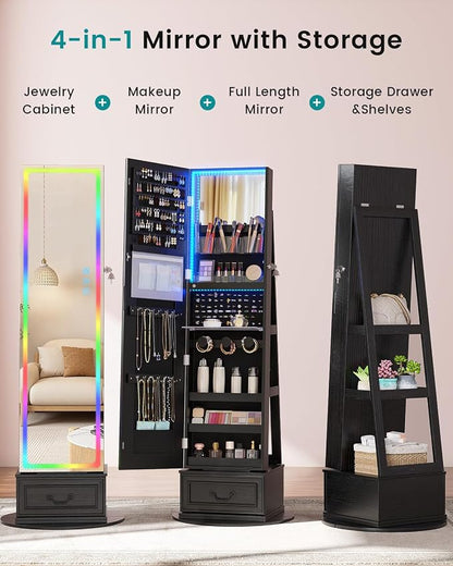 Vlsrka Jewelry Armoire with Full Length LED Mirror, 360° Swivel, Black | Standing Mirror with Storage, Lockable Jewelry Cabinet with Touch Screen & RGB Modes for Small Bedroom Spaces, Gift for Women