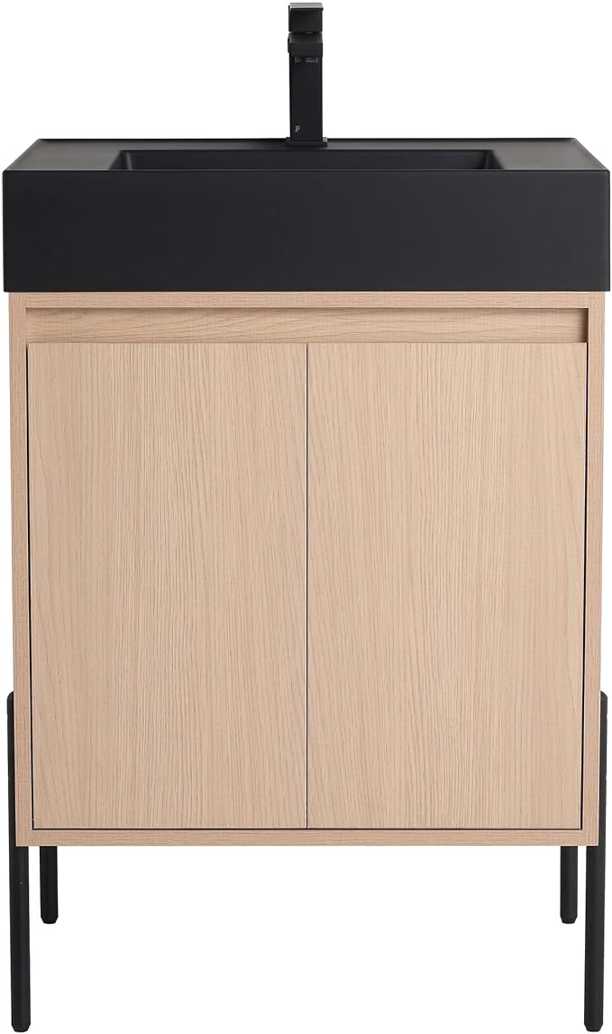 Crownpoint 24 Inch Bathroom Vanity with Sink, Black Sink, White Oak Finish, Full Assembly Required, Elegant Bathroom Vanities for Modern Homes
