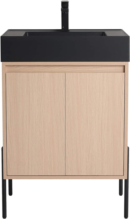 Crownpoint 24 Inch Bathroom Vanity with Sink, Black Sink, White Oak Finish, Full Assembly Required, Elegant Bathroom Vanities for Modern Homes