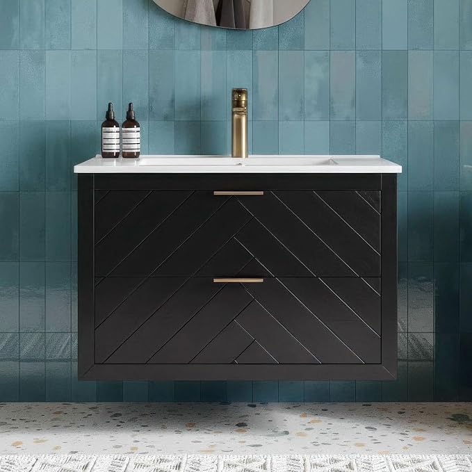30 in. Wall Mounted Bathroom Vanity with Sink, Fully Assembled Floating Vanity with Double Drawers, Black Finish