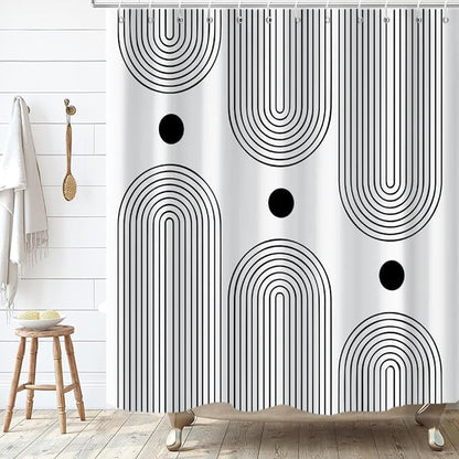 White and Black Extra Long Shower Curtain, Boho Minimalist Mid Century Modern Arch Geometric Machine Washable Waterproof Fabric for Bathroom Bathtub with Hooks 72Wx78H