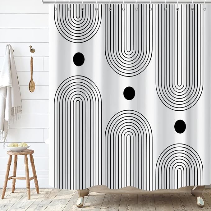 White and Black Shower Curtain, Boho Minimalist Mid Century Modern Arch Geometric Machine Washable Waterproof Fabric for Bathroom Bathtub with Hooks 72x72