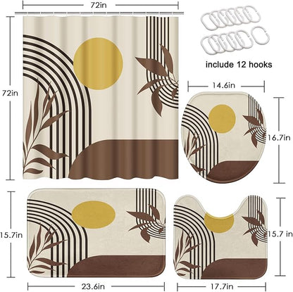Boho Bathroom Sets with Shower Curtain and Rugs, 4 Pcs, Mid | Century Abstract Geometric Modern Bathroom Decor Set with Toilet Lid Cover, Non-Slip Bath Mats and Accessories 12 Hooks