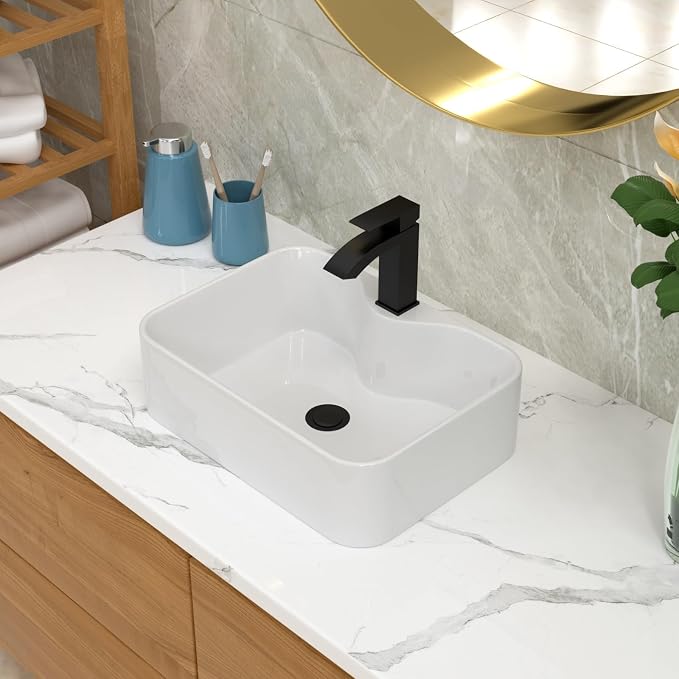 Lordear Bathroom Vessel Sink 19"x15" Rectangle Sink Above Counter White Porcelain Ceramic Modern Vanity Sinks Art Basin with Faucet Hole Black Faucet and Black Pop-Up Drain for Bathroom