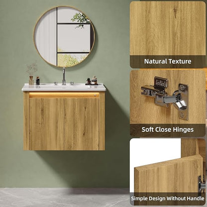 ONBRILL Farmhouse Bathroom Vanity, Floating Bathroom Vanities with Auto Motion Sensor LED Light, 3 Hole Integrated Ceramic Basin & Soft Closing Doors for Small Space, Hotel (24",Oak)