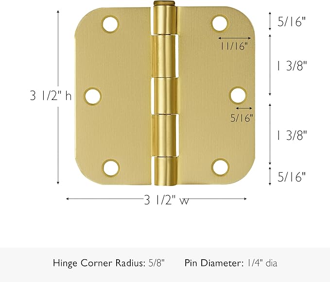 Design House Door Hinge, 3.5 in x 3.5 in, 5/8 in Radius, Interior, Rounded Steel, Removable Pin, Pre-Lubricated, Easy to Install, Satin Brass Finish, 9 Pack, 191130