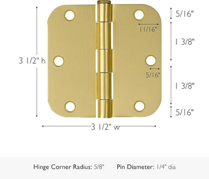 Design House Door Hinge, 3.5 in x 3.5 in, 5/8 in Radius, Interior, Rounded Steel, Removable Pin, Pre-Lubricated, Easy to Install, Satin Brass Finish, 9 Pack, 191130