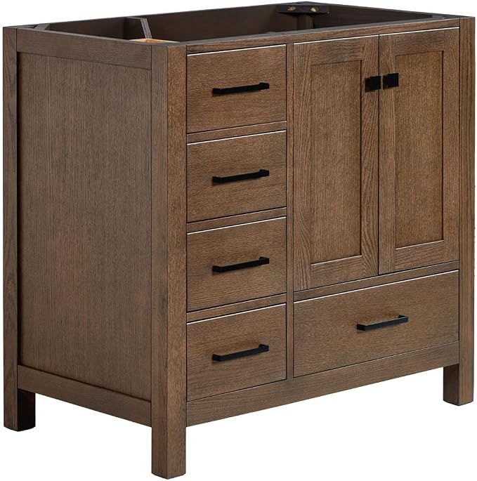 ARIEL Cambridge 36-inch Bathroom Vanity Base Cabinet,Solid Wood, 2 Soft Closing Doors, 5 Dovetail Drawers, Brown Oak