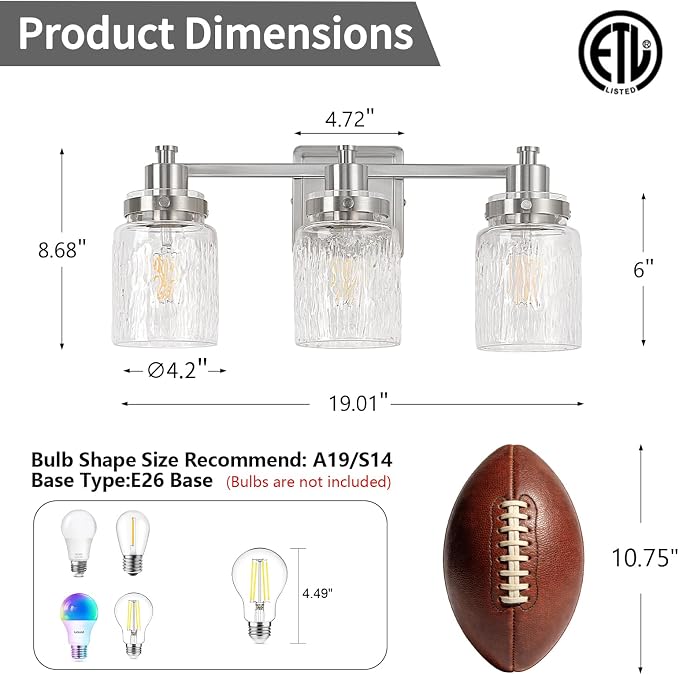 3 Light Bathroom Vanity Light Fixtures Modern Brushed Nickel | ETL Certificate, Easy to Install,Wall Mount Up or Down,Hammered Glass Lampshade,E26 Socket,Hardwired,120V