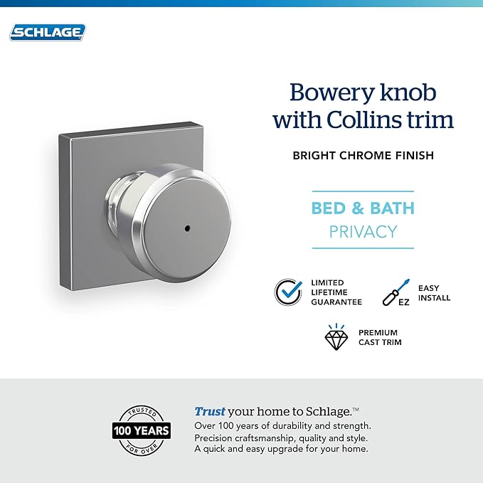 Schlage F40 BWE 625 COL Bowery Knob with Collins Trim Bed & Bath Privacy Door Lock, Bright Chrome