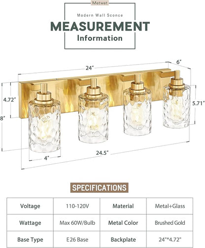 4-Light Bathroom Light Fixtures, 24.5 Inch Brushed Gold Vanity Lights with Clear Hammered Glass Cylinder Shade, Modern Vanity Lighting Fixture Over Mirror, VL198-BG-4