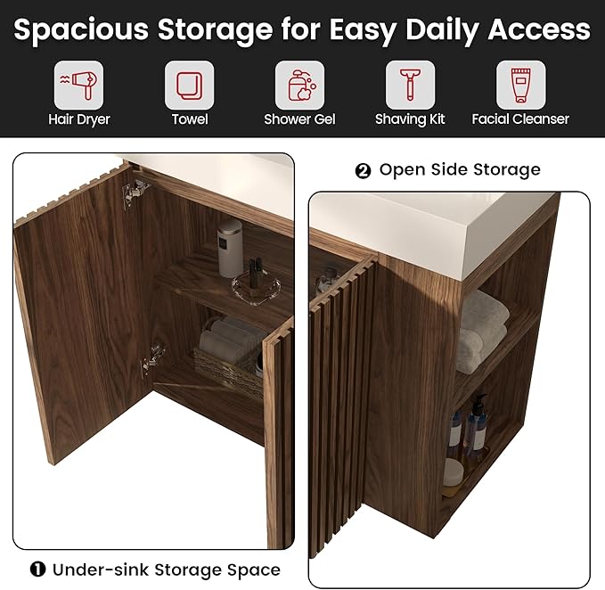 36" Bathroom Vanity with Sink, Freestanding Single Sink Bathroom Vanity with White Engineered Stone Top & Open Side Storage, Soft-Closing Doors with Adjustable Shelf, Walnut