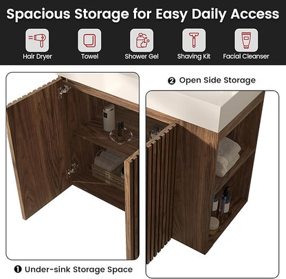 36" Bathroom Vanity with Sink, Freestanding Single Sink Bathroom Vanity with White Engineered Stone Top & Open Side Storage, Soft-Closing Doors with Adjustable Shelf, Walnut