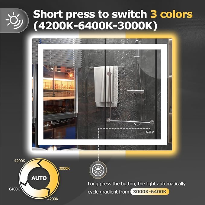 Hivone 40"X32" LED Bathroom Mirror with Lights, Anti-Fog, Dimmable, Backlit + Front Lit, Smart Bathroom Vanity Mirror, Memory Function, Shatterproof, Tempered Glass (Horizontal/Vertical)
