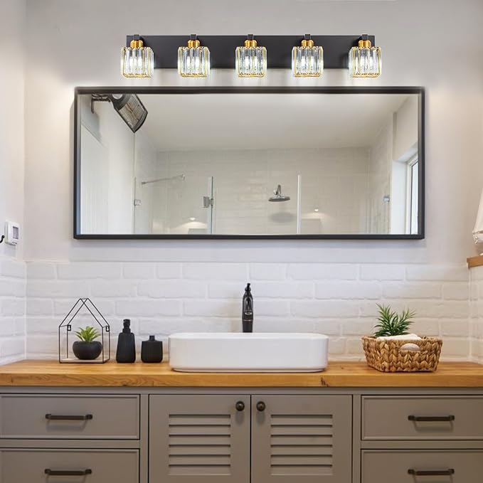 Crystal Black Gold Bathroom Vanity Light, 5-Lights Bathroom Lighting Fixtures Over Mirror Modern Glam Crystal Wall Lighting with Square Shade