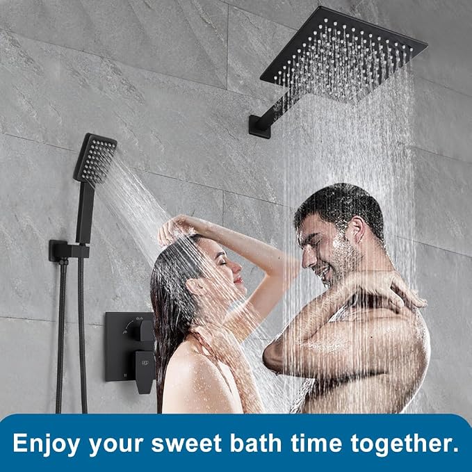 Matte Black Shower Faucet Set Rainfall 10 Inch Shower Head and Handle Set Bathroom Rain Shower System Wall Mounted Shower Fixture Include Shower Valve and Trim Kit