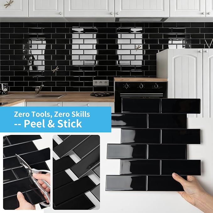 Art3d Subway Design Wall Tile, Peel and Stick Backsplash, 10-Pack, Black | 12 x 12 Inch, Water Resistant, Durable, Easy to Installation, Coastal Style, for Modern Home Decor, Kitchen, Home Improvement