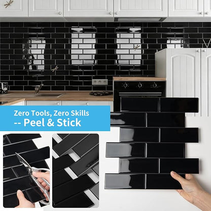 Art3d Subway Design Wall Tile, Peel and Stick Backsplash, 10-Pack, Black | 12 x 12 Inch, Water Resistant, Durable, Easy to Installation, Coastal Style, for Modern Home Decor, Kitchen, Home Improvement