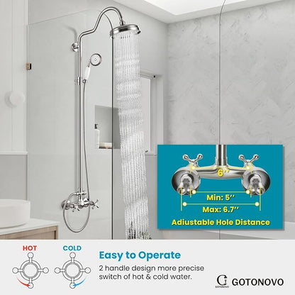 gotonovo Exposed Shower Faucet Set Luxury,Brushed Nickel,Curved Arc Rod | Bathroom 8” Shower Head with Handheld Spray System Fixtures,Vintage Two Cross Handle,Wall Mount,for 5-6.7" Hole,Adjust Height
