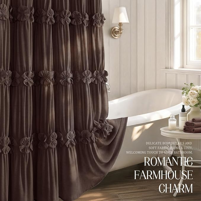 Ruffle Farmhouse Linen Shower Curtain with Vintage Bow Brown 72" W x 72" H | Linen Blend Fabric, Ruffle Bow and Ruffled Hem，Linen Texture，Machine Washable，12 Metal Holes and Plastic Hooks