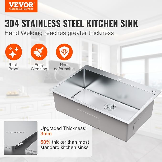 VEVOR 33" Kitchen Workstation, 304 Stainless Steel Top Mount, Built-in Single Bowl Farmhouse with Accessories, Home Dishwasher Sink, for RV, Prep Kitchen and Bar (Black) (Silver, 33IN)