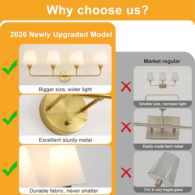 Bathroom Light Fixtures, 4-Light Brushed Gold Vanity Lights, 34" Bathroom Lighting Fixtures Over Mirror with White Flared Fabric Shade, Modern Wall Sconces for Bathroom Bedroom Living Room Hallway