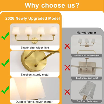 Bathroom Light Fixtures, 4-Light Brushed Gold Vanity Lights, 34" Bathroom Lighting Fixtures Over Mirror with White Flared Fabric Shade, Modern Wall Sconces for Bathroom Bedroom Living Room Hallway