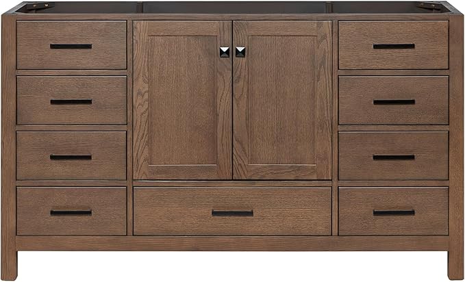 ARIEL Cambridge 60-inch Bathroom Vanity Base Cabinet,Solid Wood, 2 Soft Closing Doors, 9 Dovetail Drawers, Brown Oak