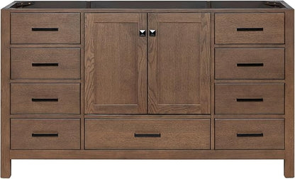 ARIEL Cambridge 60-inch Bathroom Vanity Base Cabinet,Solid Wood, 2 Soft Closing Doors, 9 Dovetail Drawers, Brown Oak