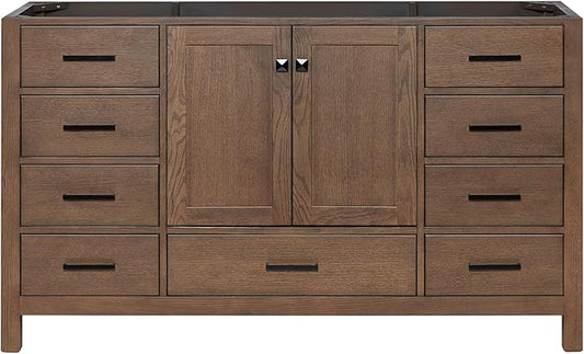 ARIEL Cambridge 60-inch Bathroom Vanity Base Cabinet,Solid Wood, 2 Soft Closing Doors, 9 Dovetail Drawers, Brown Oak