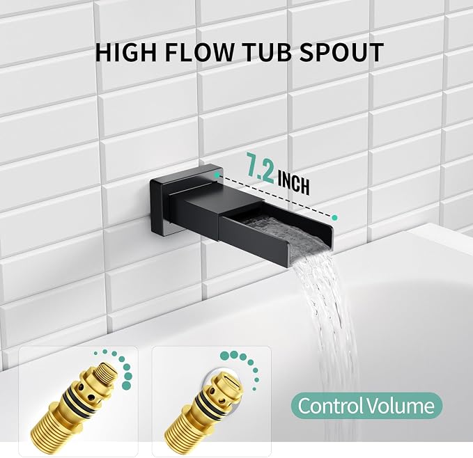 SR SUN RISE 8 Inch All Metal Square Shower System with Tub Spout, Tub Shower Faucet Set, High Pressure Rain Shower Head and Handheld Sprayer Shower Fixtues, Valve Included, Matte Black