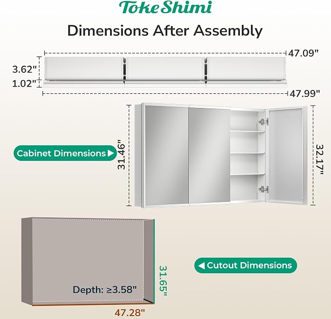 48 x 32 White Recessed Medicine Cabinet with Mirror, Assembly Required, Bathroom Medicine Cabinet with Mirror, Stepless Adjustable Shelves, Beveled Aluminum Frame, DTC Hinge
