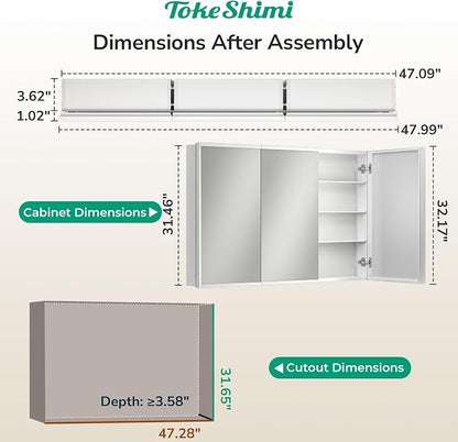 48 x 32 White Recessed Medicine Cabinet with Mirror, Assembly Required, Bathroom Medicine Cabinet with Mirror, Stepless Adjustable Shelves, Beveled Aluminum Frame, DTC Hinge