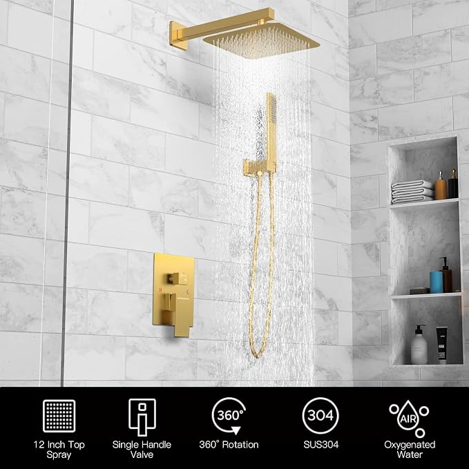 EMBATHER Brushed Gold Shower System- 12 inch Shower Faucet Sets with Rain Shower Head Hand Held Shower Head for Bathroom, Wall Mounted Square Shower Combo Set (Contain Shower Valve and Trim)