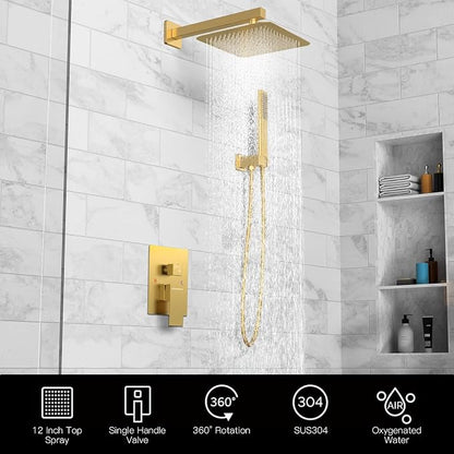 EMBATHER Brushed Gold Shower System- 12 inch Shower Faucet Sets with Rain Shower Head Hand Held Shower Head for Bathroom, Wall Mounted Square Shower Combo Set (Contain Shower Valve and Trim)