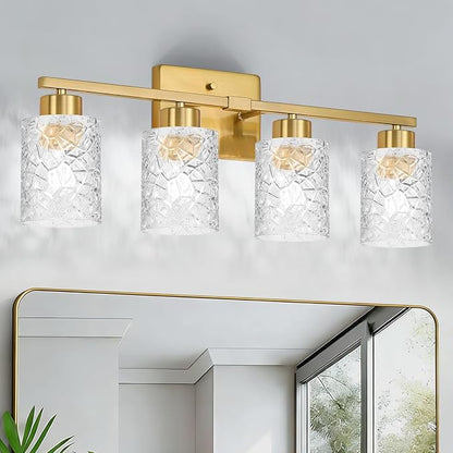4-Light Bathroom Light Fixtures, Brushed Gold Vanity Lights Over Mirror | Wall Sconces with Clear Textured Glass Shades for Living Room Bedroom Hallway,E26 Base (Bulbs Not Included)