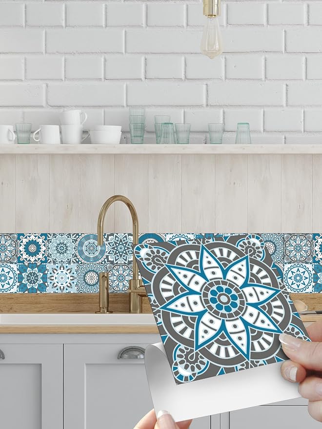 Peel Stick Vinyl Moroccan wall Tile Decals 6x6in Stick on backsplash,24Pc | Waterproof&heat resistant tile stickers for kitchen RV laundry backsplash decor,remove no damaging,cyan mandala pattern