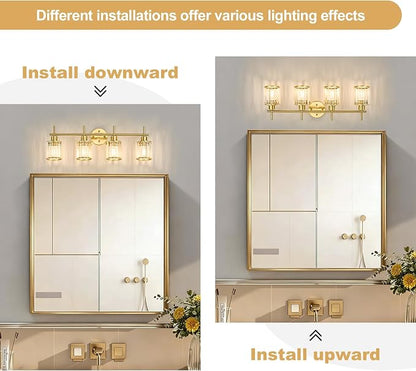 Brushed Gold Bathroom Light Fixtures, Round, 3-Light | Vanity Lights with Crystal Shades, Modern Bathroom Lighting Fixtures over Mirror (Bulbs Not Included, E26)