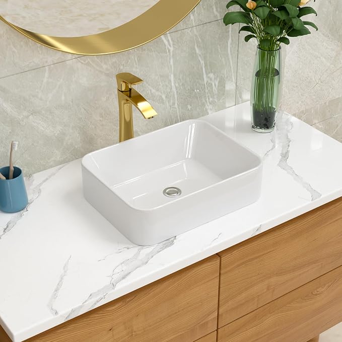 Lordear Vessel Sink Rectangle 19 Inch Bathroom Sink,Rectangular Modern Above Counter Bathroom Sinks White 19x15 Inch Porcelain Ceramic Vessel Vanity Sink Art Basin