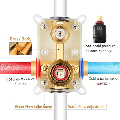 Gabrylly Shower System Gold, Slide Bar Shower Faucet Set with High Pressure 10" Rain Head and 5-Setting Handheld Spray, 2 Way Pressure Balance Valve with Trim Kit, Brushed Gold