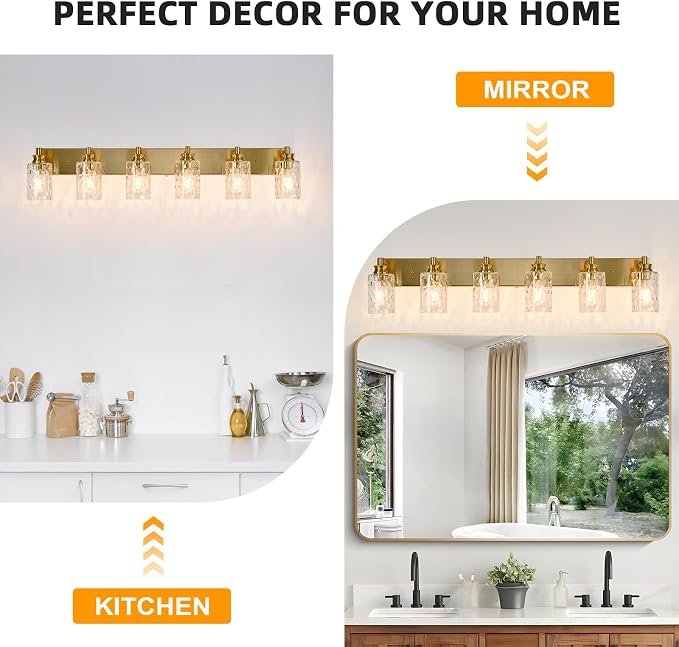 6 Light Bathroom Vanity Light Modern Brushed Gold Bathroom Light Fixtures Over Mirror with Hammered Glass Lampshade for Kitchen Hallway