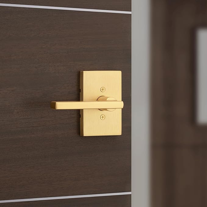 Kwikset Halifax Dummy Door Handle, Single Sided Lever for Closets, French Double Doors, and Pantry, Satin Brass Rectangle Non-Turning Reversible Interior Push/Pull Lever, with Microban Protection